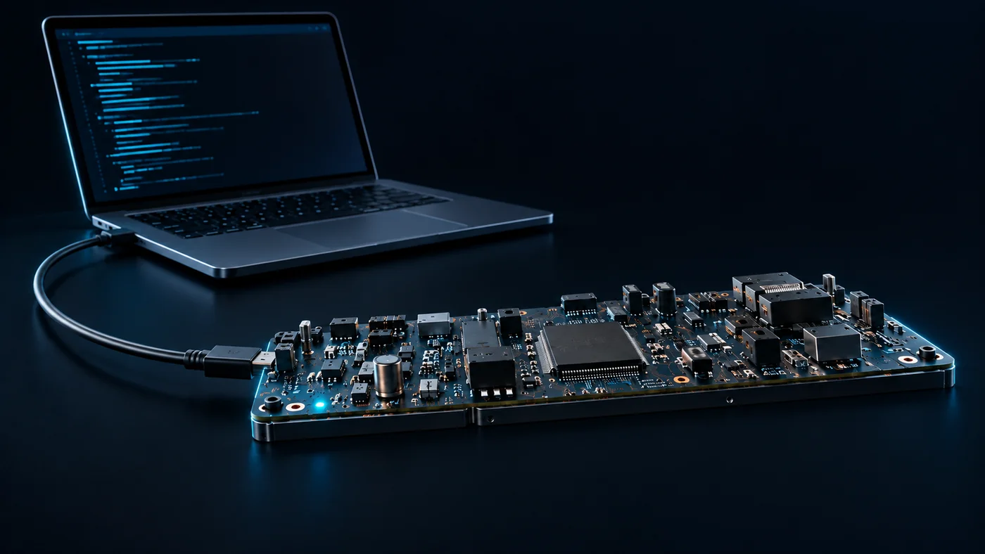 Concept illustration of a laptop connected by USB to an electronic controller with a status light