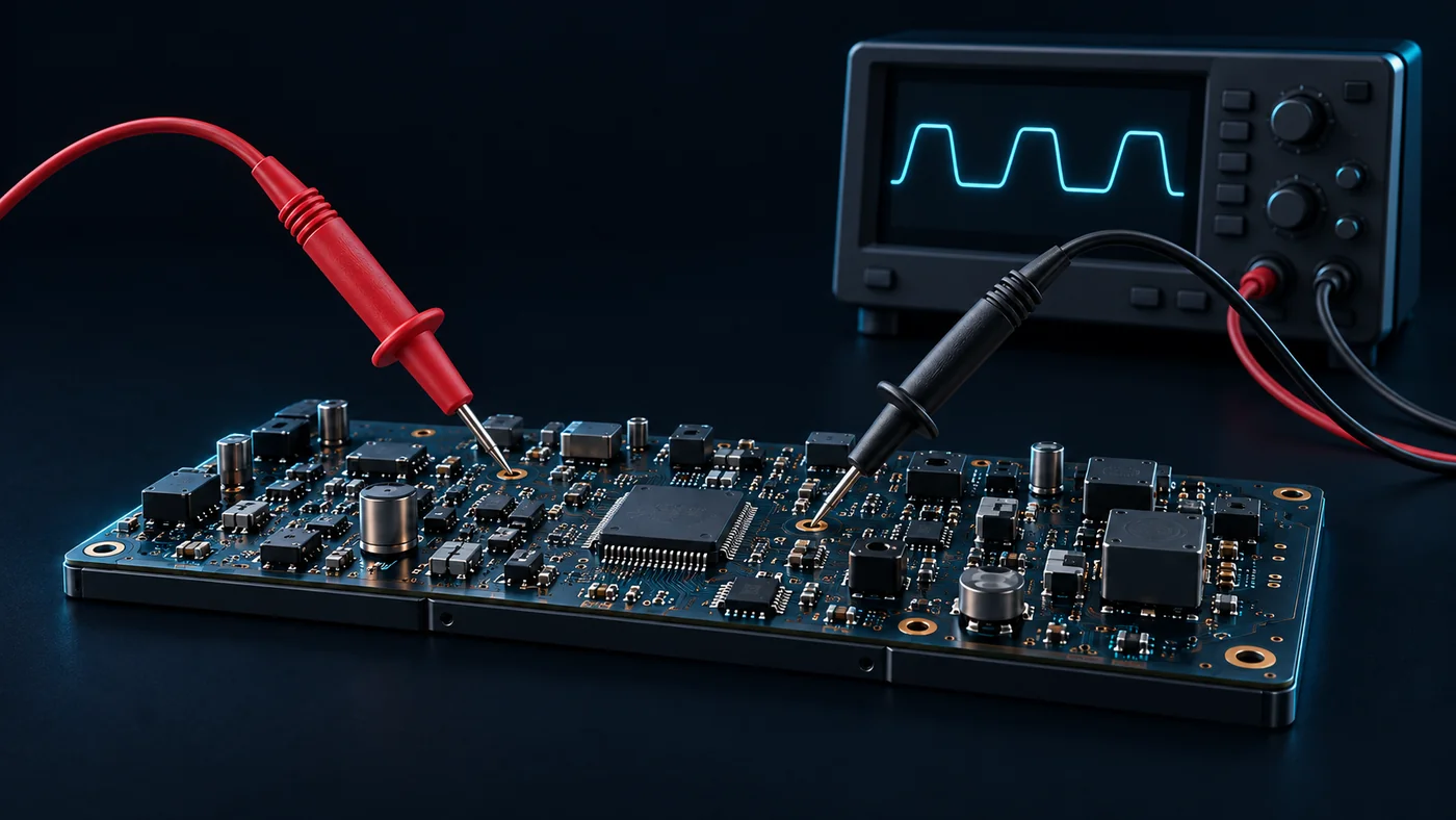 Concept illustration of measurement probes contacting a circuit board beside an oscilloscope; no measured results are claimed